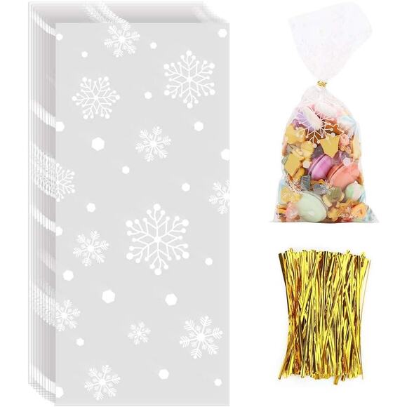 Christmas Cellophane Snowflake Treat Bags with Twist Ties Candy Cookie Bags - Picture 1 of 5